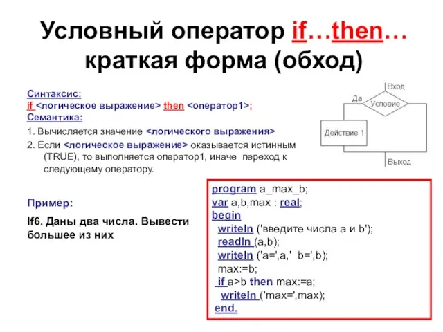 Условный оператор if…then… краткая форма (обход) Синтаксис: if then ; Семантика: 1.