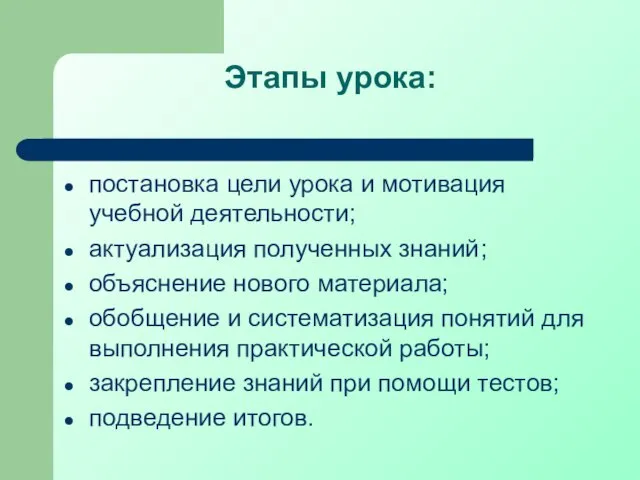 Этапы урока: постановка цели урока и мотивация учебной деятельности; актуализация полученных знаний