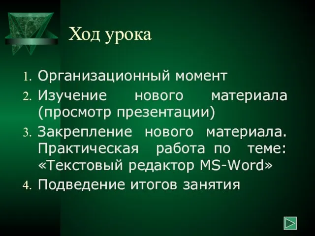 Ход урока Организационный момент Изучение нового материала (просмотр презентации) Закрепление нового материала.