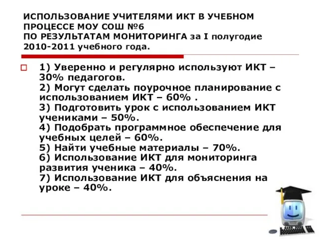 ИСПОЛЬЗОВАНИЕ УЧИТЕЛЯМИ ИКТ В УЧЕБНОМ ПРОЦЕССЕ МОУ СОШ №6 ПО РЕЗУЛЬТАТАМ МОНИТОРИНГА