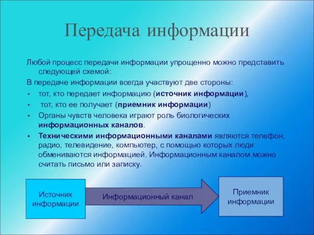 Передача информации Любой процесс передачи информации упрощенно можно представить следующей схемой: В