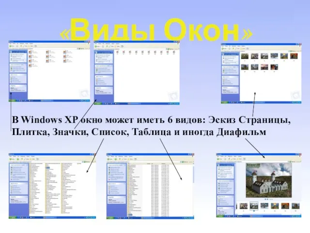 «Виды Окон» В Windows XP окно может иметь 6 видов: Эскиз Страницы,