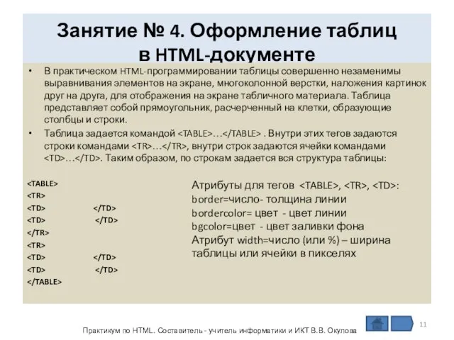 Занятие № 4. Оформление таблиц в HTML-документе В практическом HTML-программировании таблицы совершенно