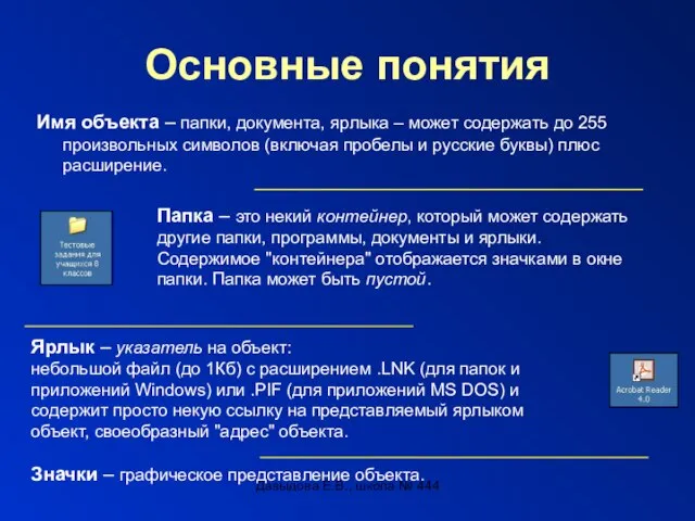 Давыдова Е.В., школа № 444 Основные понятия Имя объекта – папки, документа,