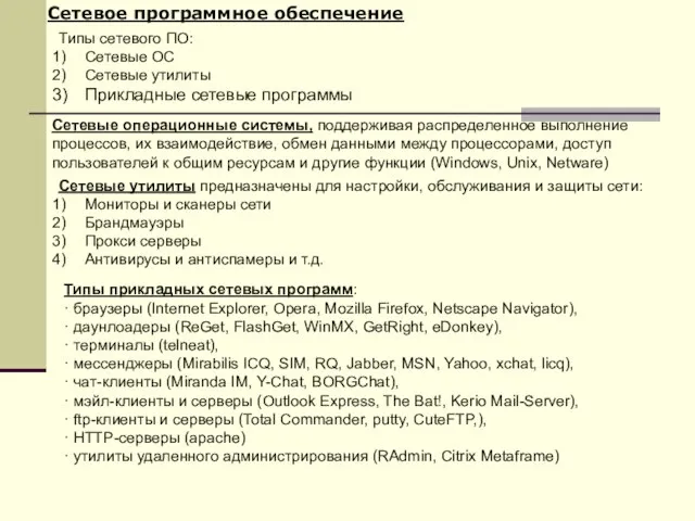 Сетевое программное обеспечение Типы сетевого ПО: Сетевые ОС Сетевые утилиты Прикладные сетевые