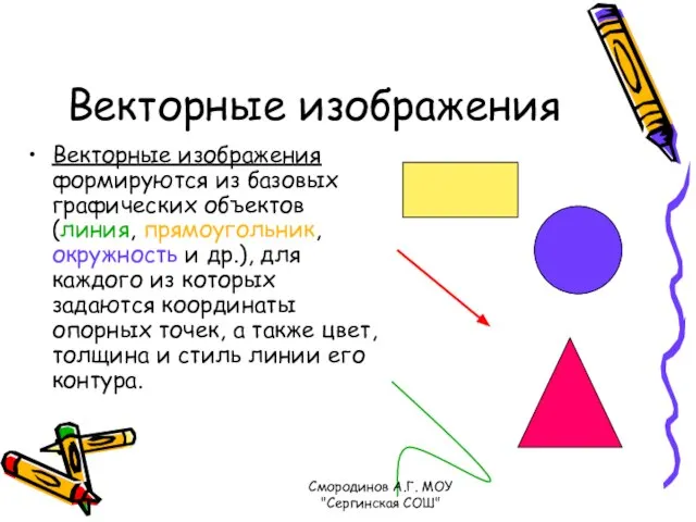 Векторные изображения Векторные изображения формируются из базовых графических объектов (линия, прямоугольник, окружность