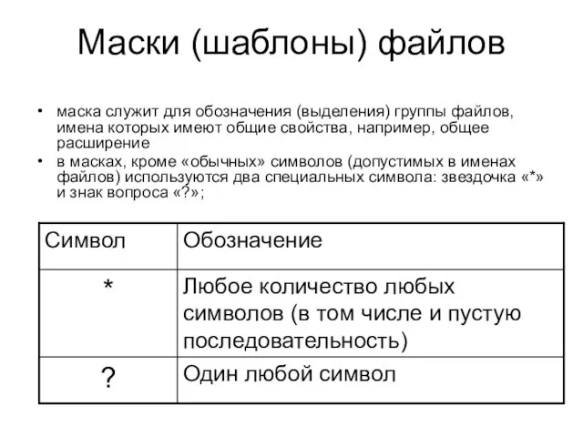 Маски (шаблоны) файлов маска служит для обозначения (выделения) группы файлов, имена которых