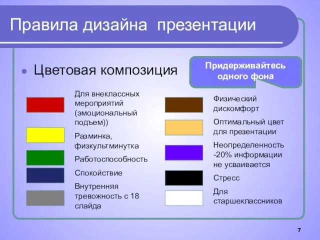 Правила дизайна презентации Цветовая композиция Придерживайтесь одного фона Для внеклассных мероприятий (эмоциональный