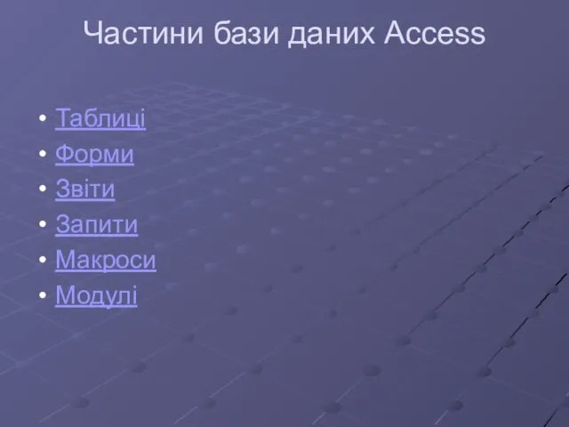 Частини бази даних Access Таблиці Форми Звіти Запити Макроси Модулі