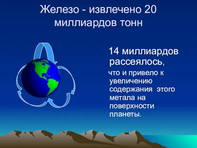 Железо - извлечено 20 миллиардов тонн 14 миллиардов рассеялось, что и привело