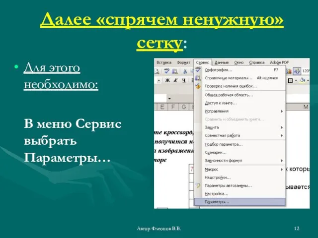 Автор Флеонов В.В. Далее «спрячем ненужную» сетку: Для этого необходимо: В меню Сервис выбрать Параметры…