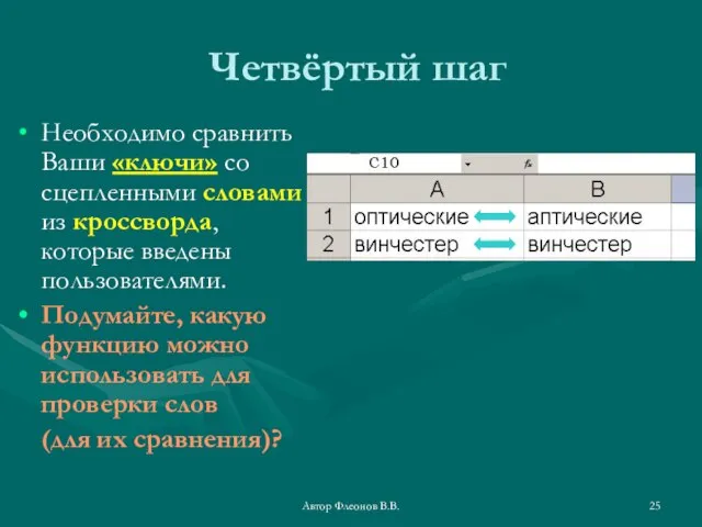 Автор Флеонов В.В. Четвёртый шаг Необходимо сравнить Ваши «ключи» со сцепленными словами