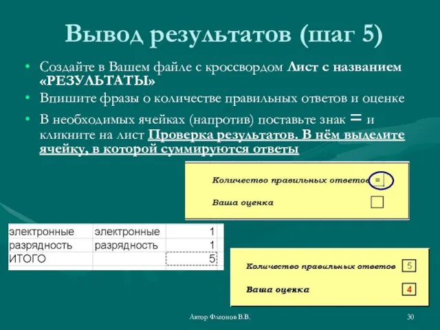 Автор Флеонов В.В. Вывод результатов (шаг 5) Создайте в Вашем файле с