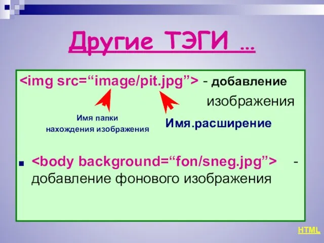 Другие ТЭГИ … - добавление изображения - добавление фонового изображения HTML Имя.расширение