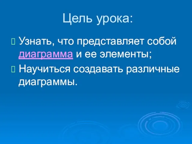 Цель урока: Узнать, что представляет собой диаграмма и ее элементы; Научиться создавать различные диаграммы.