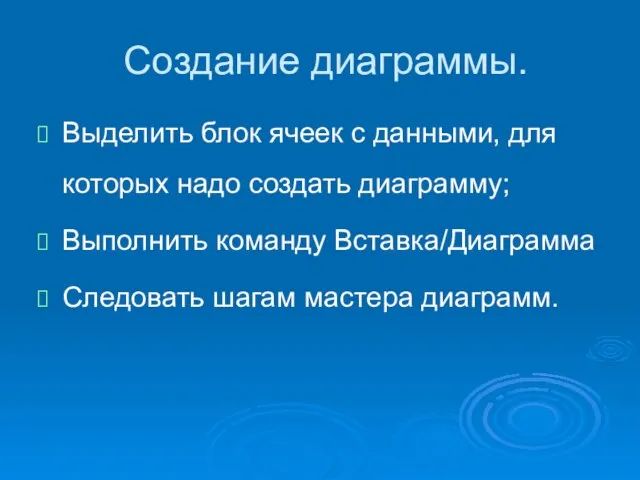 Создание диаграммы. Выделить блок ячеек с данными, для которых надо создать диаграмму;