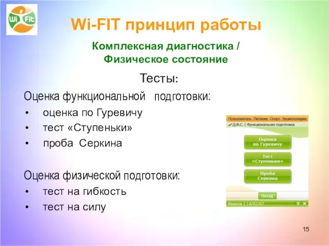 Wi-FIT принцип работы Комплексная диагностика / Физическое состояние Тесты: Оценка функциональной подготовки: