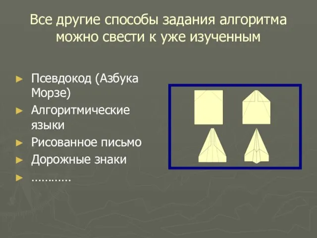 Все другие способы задания алгоритма можно свести к уже изученным Псевдокод (Азбука