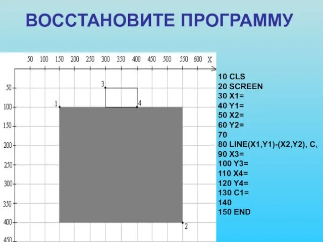 ВОССТАНОВИТЕ ПРОГРАММУ 10 CLS 20 SCREEN 30 X1= 40 Y1= 50 X2=