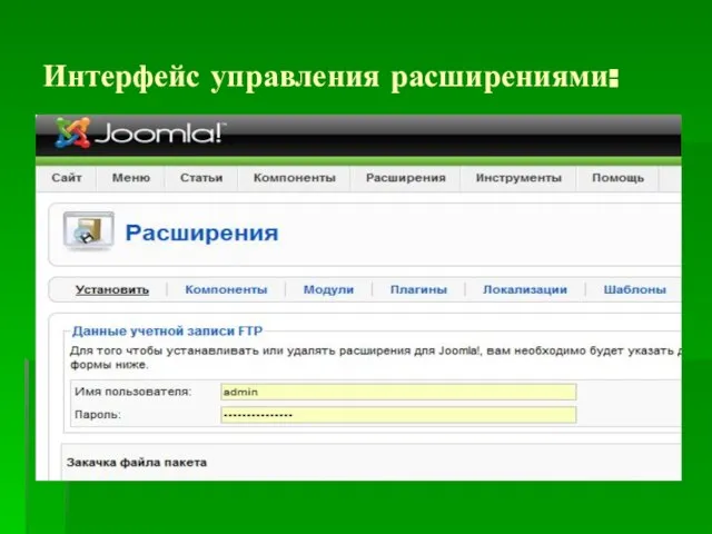 Интерфейс управления расширениями: