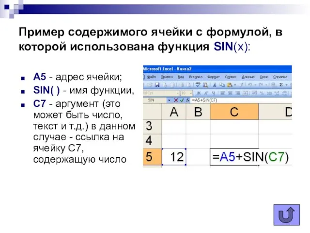 Пример содержимого ячейки с формулой, в которой использована функция SIN(x): А5 -