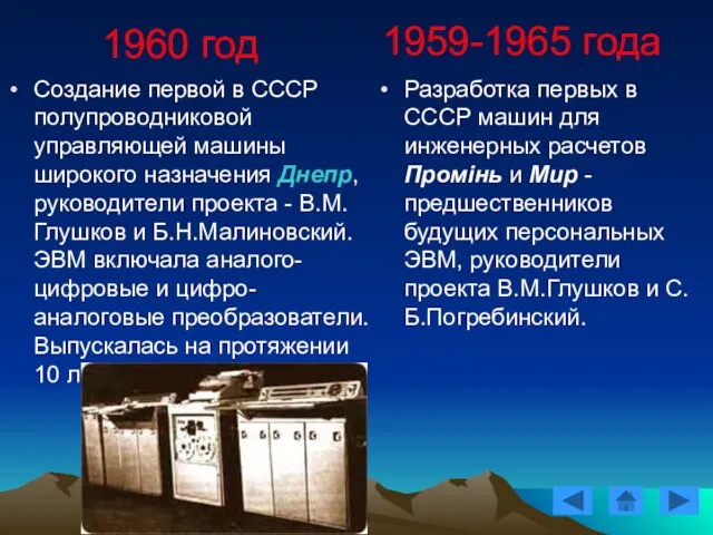 1960 год Создание первой в СССР полупроводниковой управляющей машины широкого назначения Днепр,