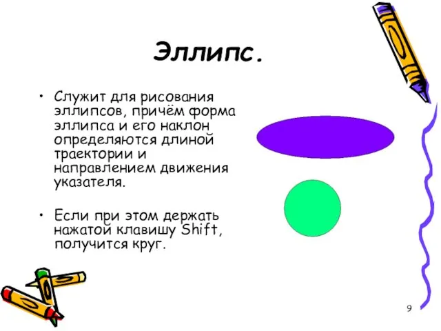 Эллипс. Служит для рисования эллипсов, причём форма эллипса и его наклон определяются