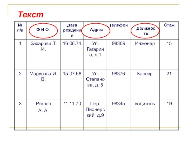 Текст Ф И О Адрес Должность