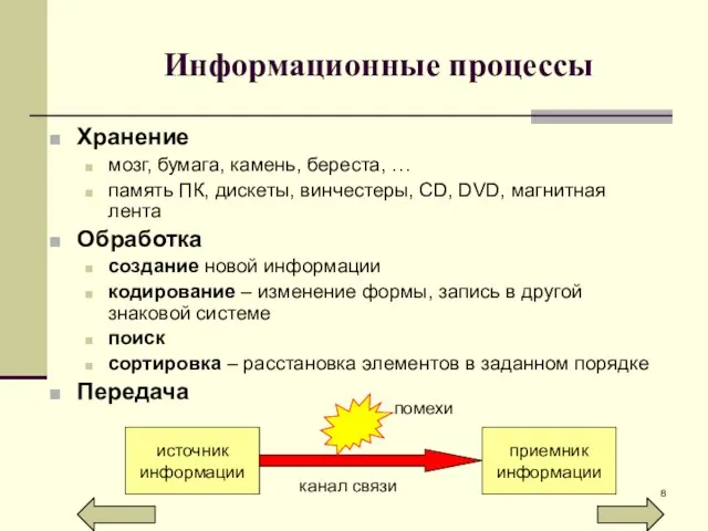 Информационные процессы Хранение мозг, бумага, камень, береста, … память ПК, дискеты, винчестеры,