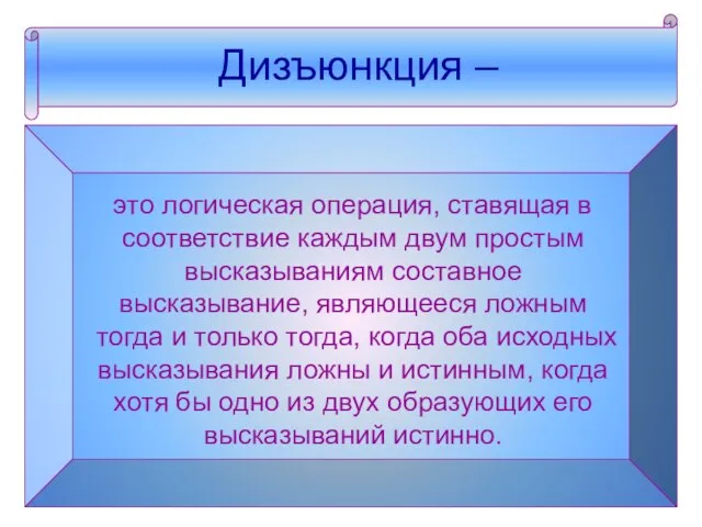 Дизъюнкция – Дизъюнкция – это логическая операция, ставящая в соответствие каждым двум