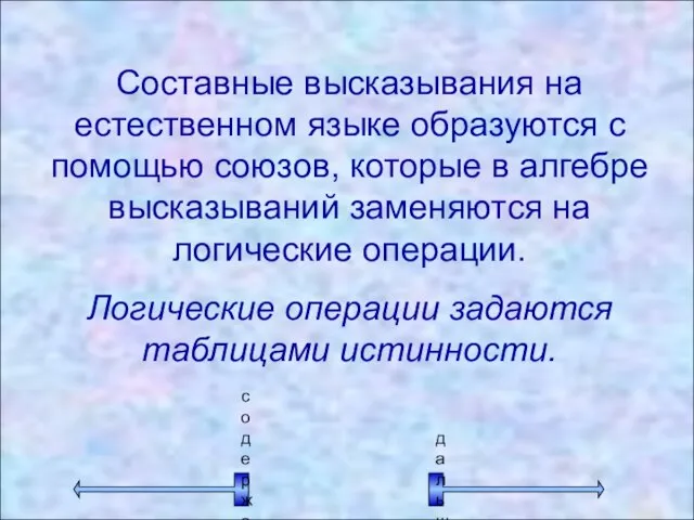 Составные высказывания на естественном языке образуются с помощью союзов, которые в алгебре