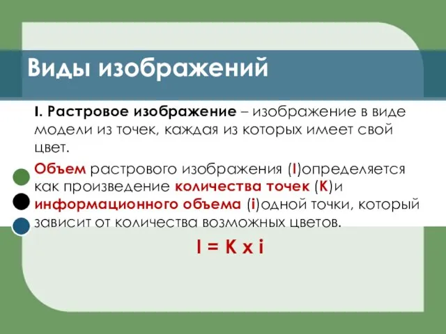 Виды изображений I. Растровое изображение – изображение в виде модели из точек,