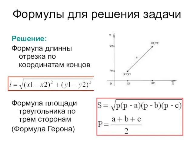 Формулы для решения задачи Решение: Формула длинны отрезка по координатам концов Формула