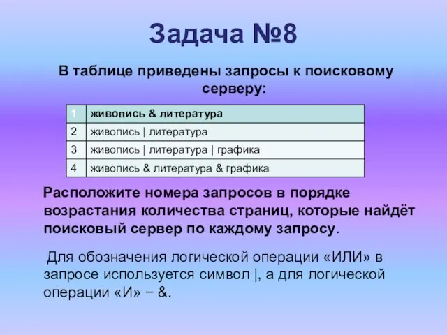 Задача №8 В таблице приведены запросы к поисковому серверу: Расположите номера запросов