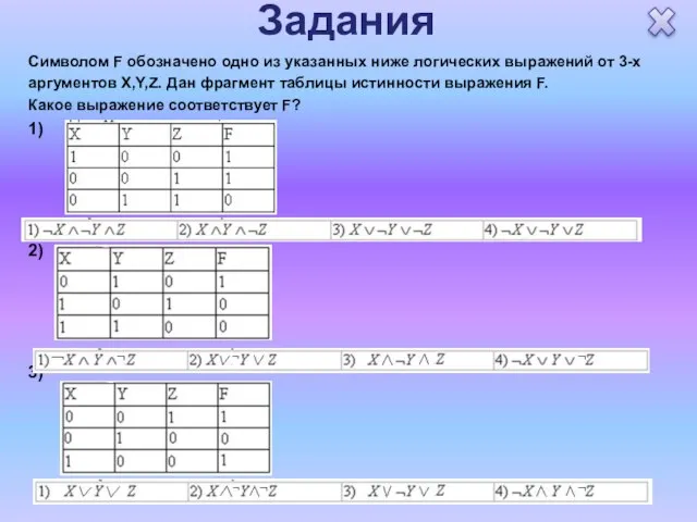 Задания Символом F обозначено одно из указанных ниже логических выражений от 3-х