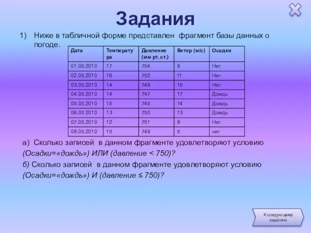 Задания Ниже в табличной форме представлен фрагмент базы данных о погоде. a)