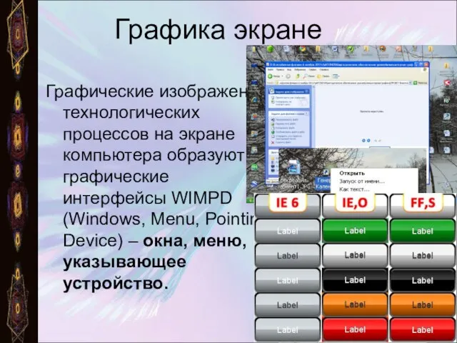 Графика экране Графические изображения технологических процессов на экране компьютера образуют графические интерфейсы