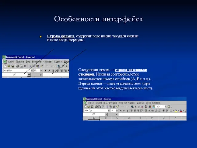 Особенности интерфейса Строка формул, содержит поле имени текущей ячейки и поле ввода