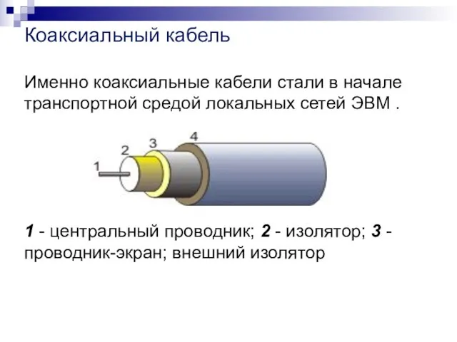 Коаксиальный кабель Именно коаксиальные кабели стали в начале транспортной средой локальных сетей