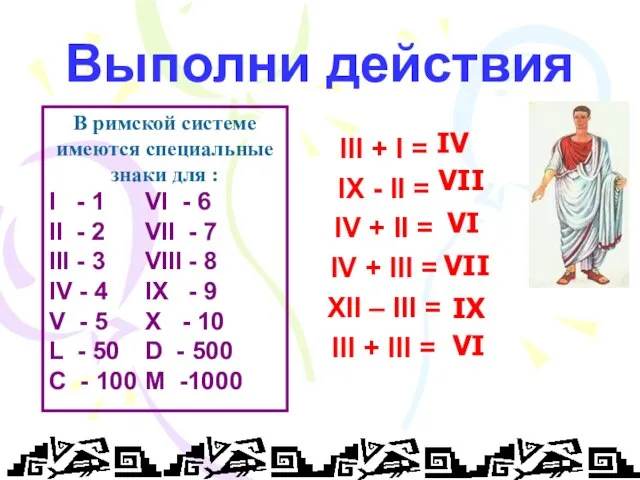 Выполни действия III + I = IX - II = IV +