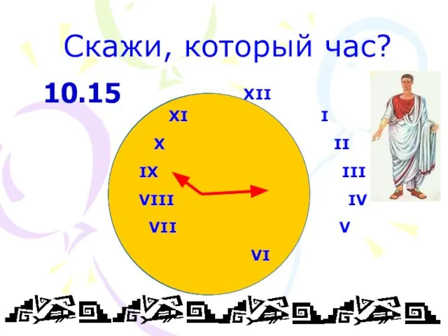 Скажи, который час? XII XI I X II IX III VIII IV VII V VI 10.15