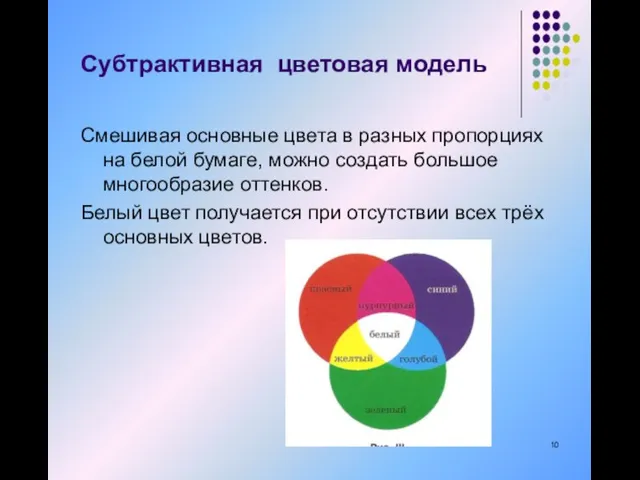 Субтрактивная цветовая модель Смешивая основные цвета в разных пропорциях на белой бумаге,