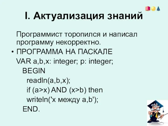 I. Актуализация знаний Программист торопился и написал программу некорректно. ПРОГРАММА НА ПАСКАЛЕ