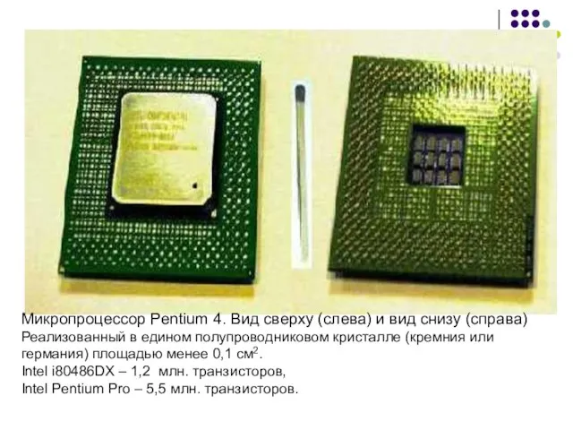 Микропроцессор Pentium 4. Вид сверху (слева) и вид снизу (справа) Реализованный в
