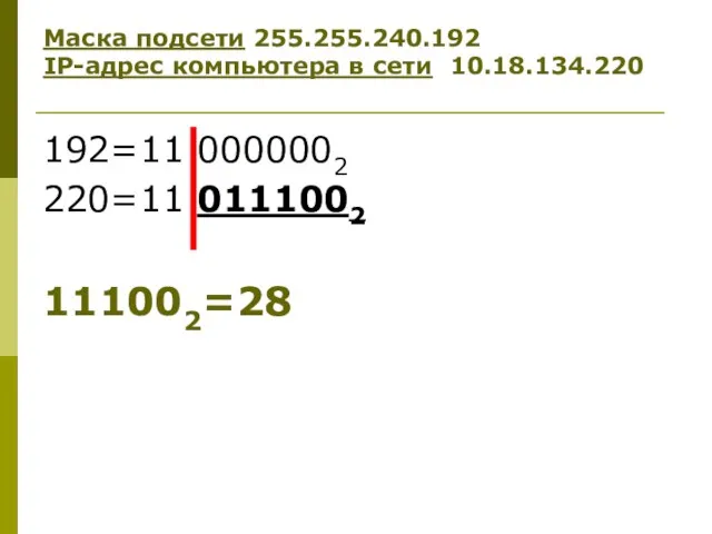 192=11 0000002 220=11 0111002 111002=28 Маска подсети 255.255.240.192 IP-адрес компьютера в сети 10.18.134.220