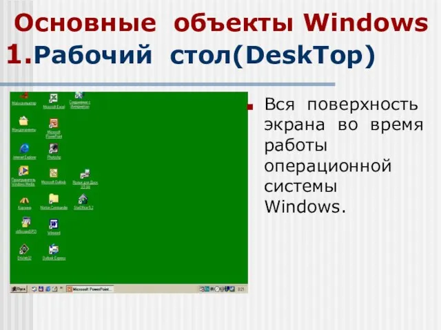 Основные объекты Windows 1.Рабочий стол(DeskTop) Вся поверхность экрана во время работы операционной системы Windows.