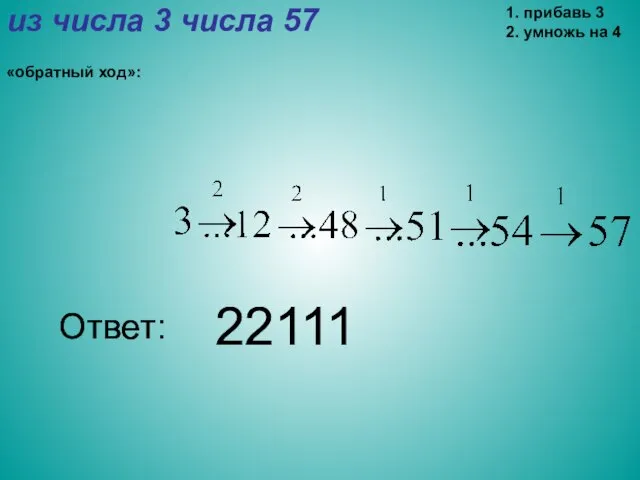 из числа 3 числа 57 «обратный ход»: 1. прибавь 3 2. умножь