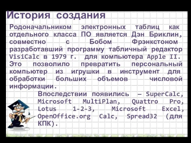 Родоначальником электронных таблиц как отдельного класса ПО является Дэн Бриклин, совместно с