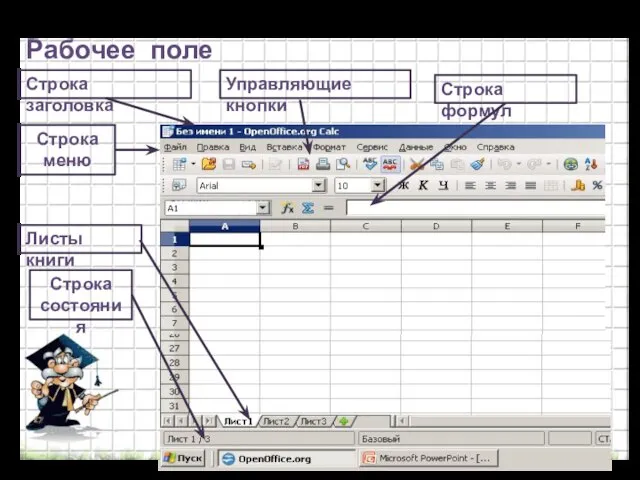 Рабочее поле Строка заголовка Строка меню Управляющие кнопки Листы книги Строка состояния Строка формул