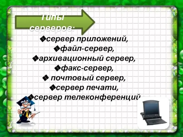 Типы серверов: сервер приложений, файл-сервер, архивационный сервер, факс-сервер, почтовый сервер, сервер печати, сервер телеконференций